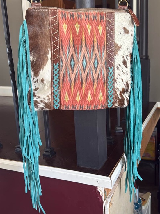 Myra Bag Handbags - Myra Bag Turquoise Fringe Cowhide Southwestern Shoulder Bag